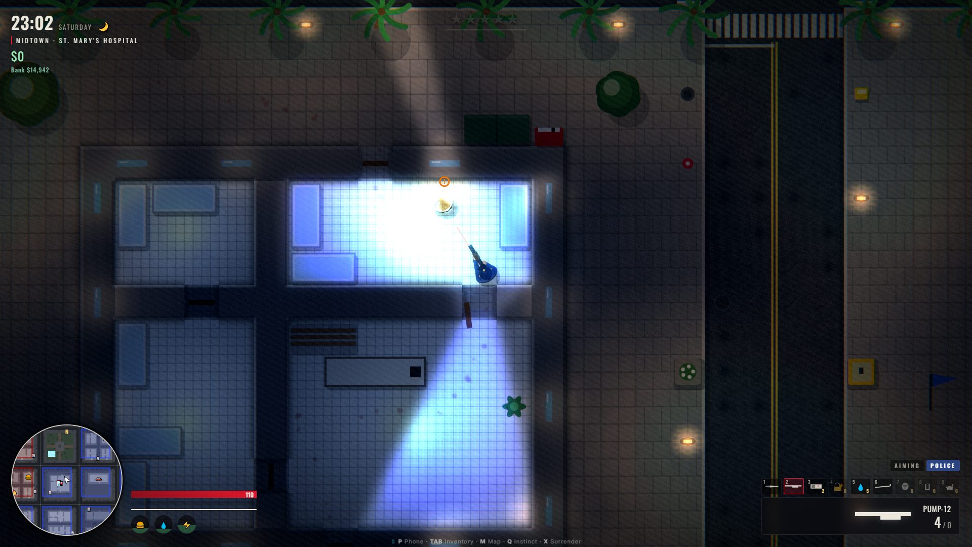 Top-down view into a hospital interior lit by a flashlight cone, with the roof faded away