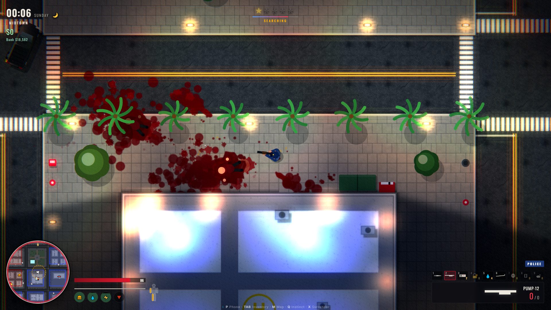 Top-down street scene with blood pools, a one-star wanted level and the police searching