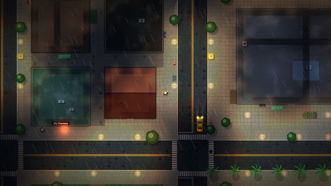 Top-down view of Ironhaven at night in the rain: brick houses, a pharmacy, wet streets and a taxi with its headlights on