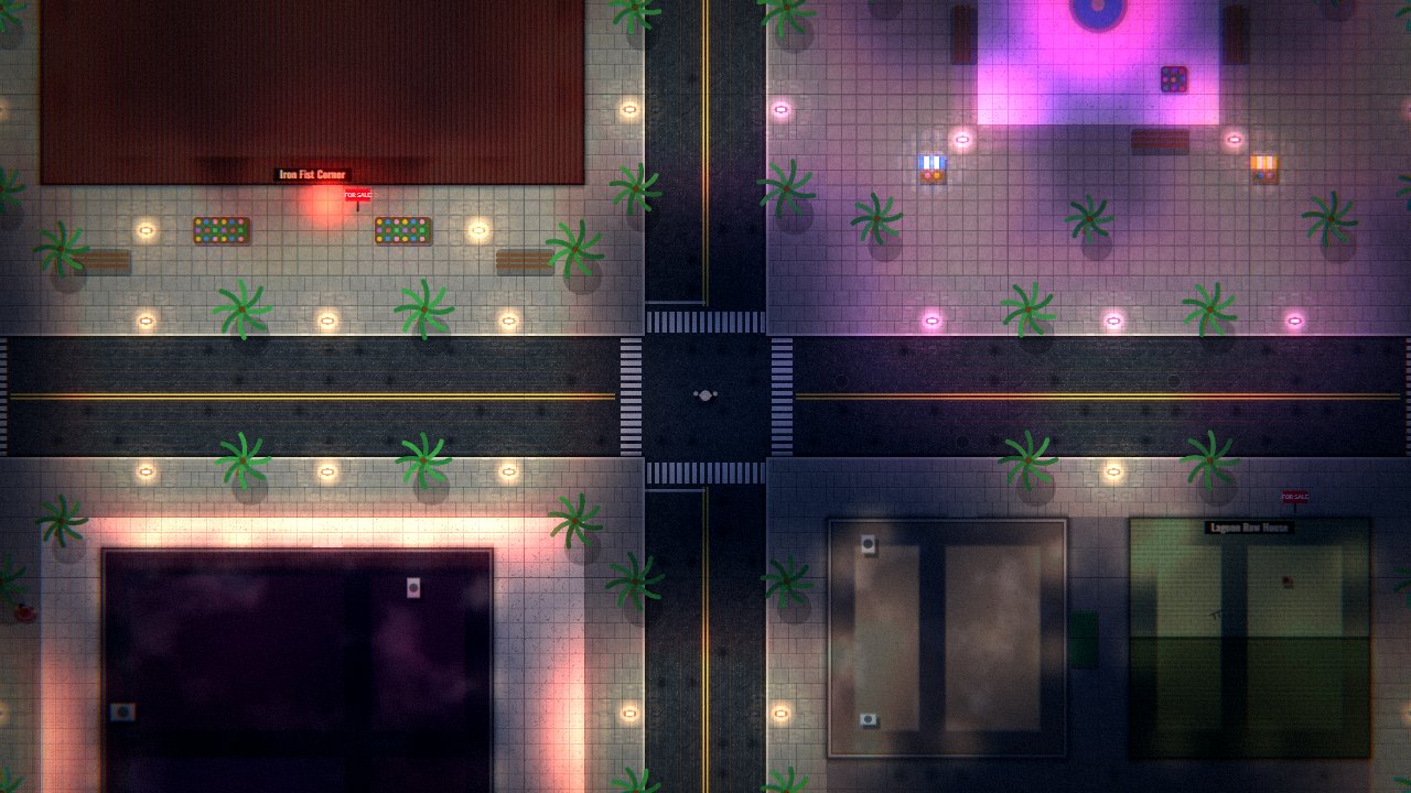 Top-down view of Neon Isle at night: a magenta-lit plaza with market stalls, palm trees and the Iron Fist boxing club