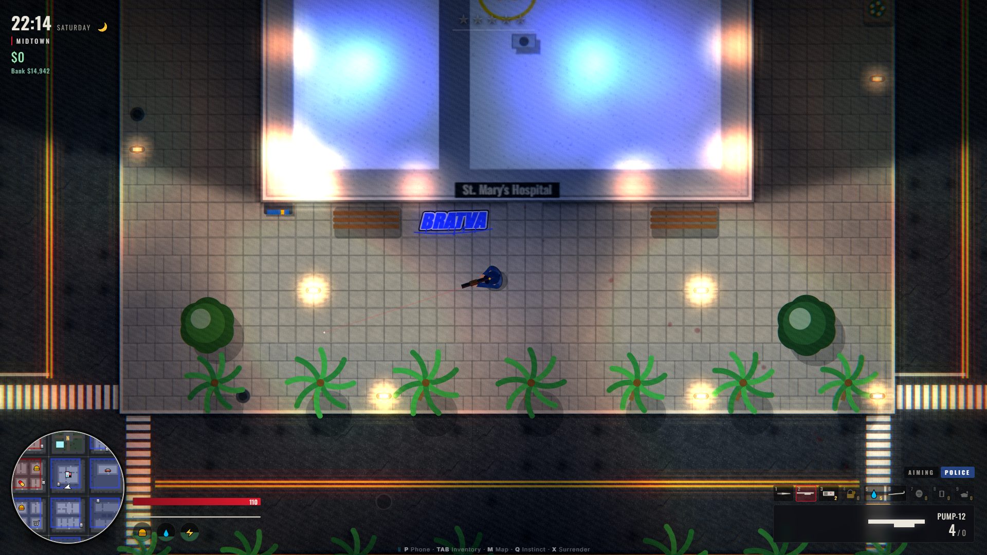 Top-down night view of a hospital with a blue BRATVA gang tag on the pavement, palm trees and a player aiming a shotgun